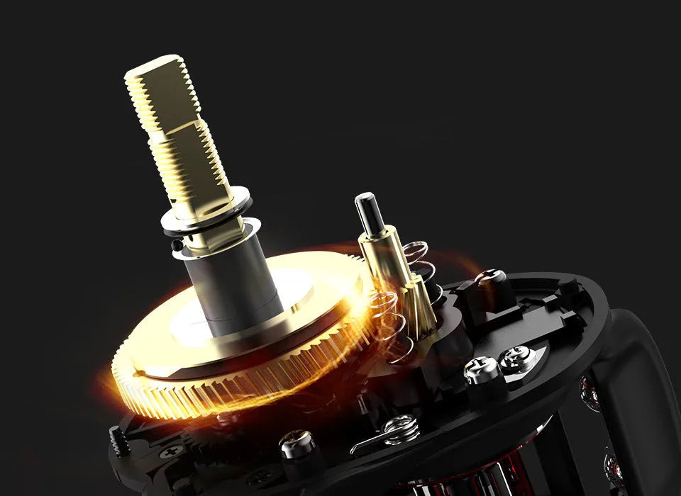 Drip wheel fishing reel for lure fishing with selectable left or right hand wheel.