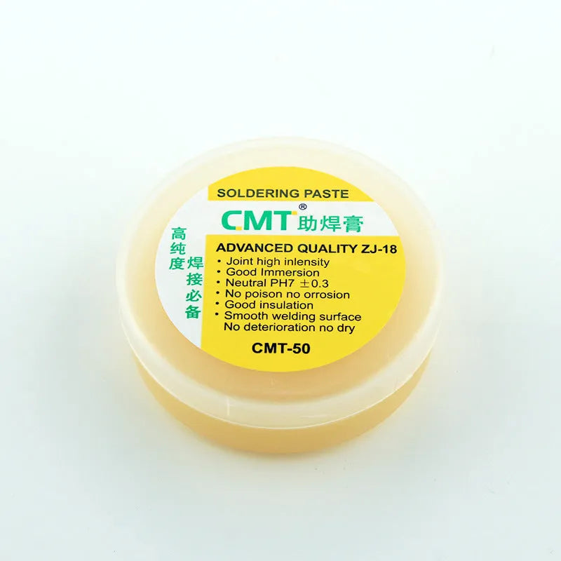 High purity rosin soldering flux paste in a sealed plastic pot for electric soldering iron use