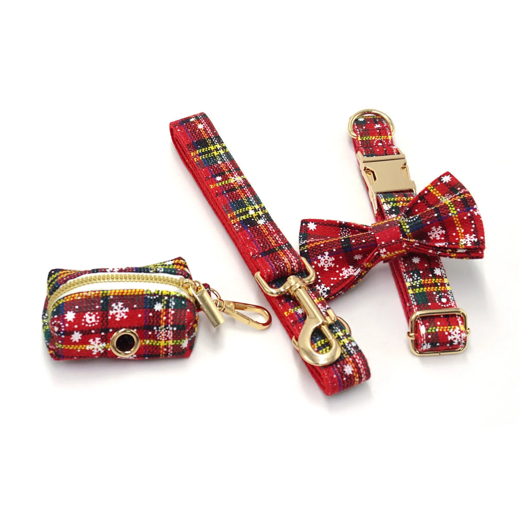 Red Christmas pet collar traction rope bowknot chest-back harness stool bag set on dog