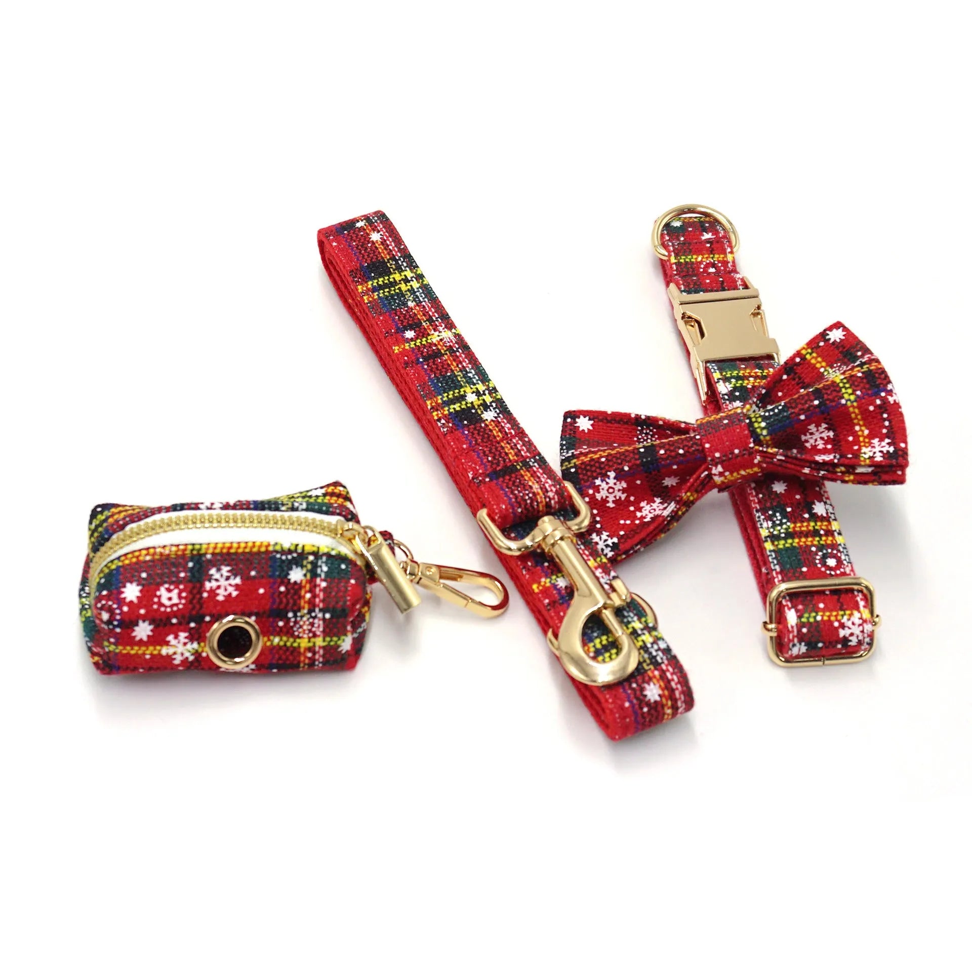 Red Christmas pet collar traction rope bowknot chest-back harness stool bag set on dog