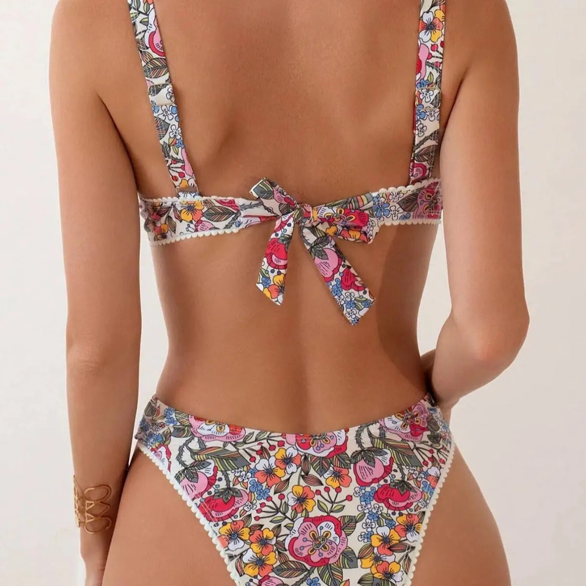 Women's printed steel bracket push-up bikini with tie-side high-waist briefs in European and American style
