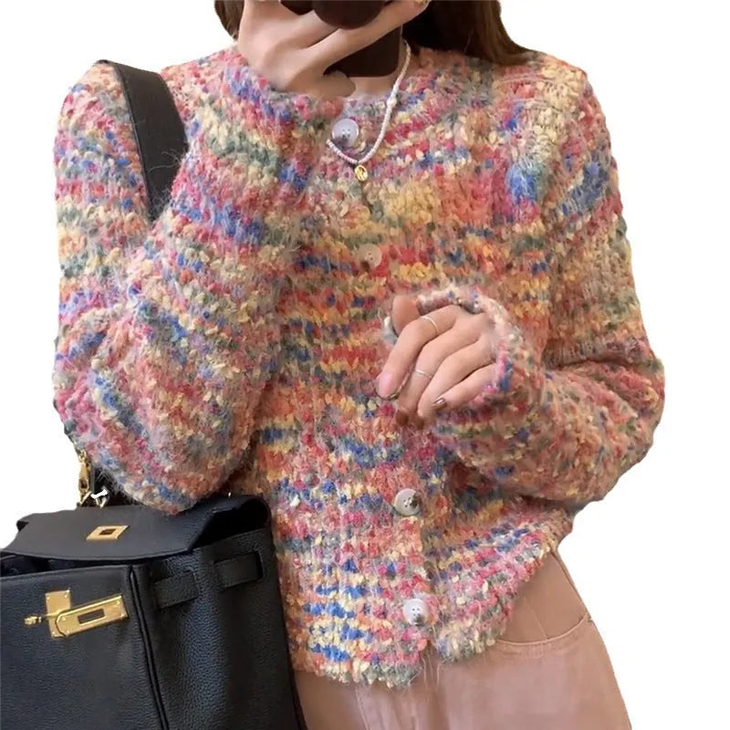 Green retro rainbow knitted cardigan with toothbrush hair fabric and slim fit