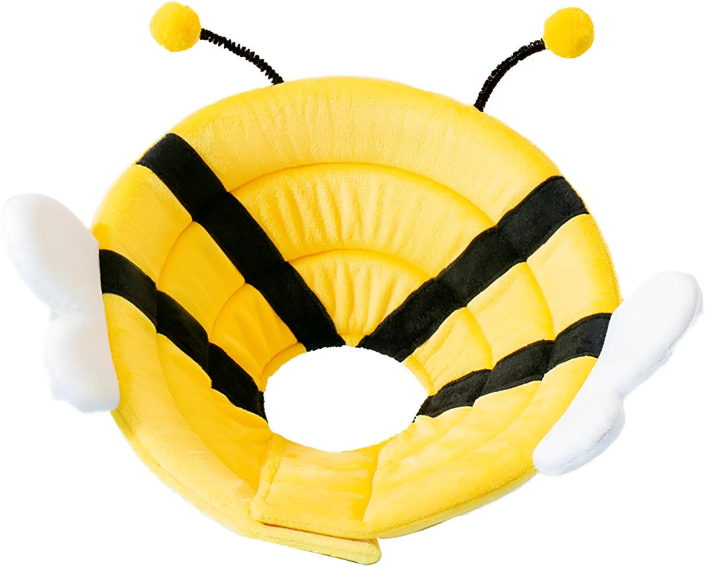 Soft cat cone collar with black and yellow bee design and adjustable Velcro strap.