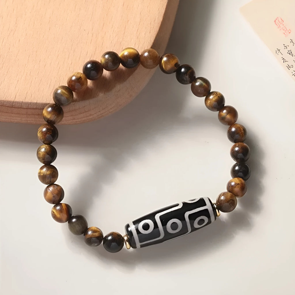 Tigereye Buddha bracelet with single circle design and natural Dzi bead in ethnic style