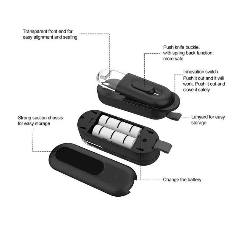 Multi-functional handheld portable battery-powered food bag sealer with sealing and cutting heads, black colour, on white background