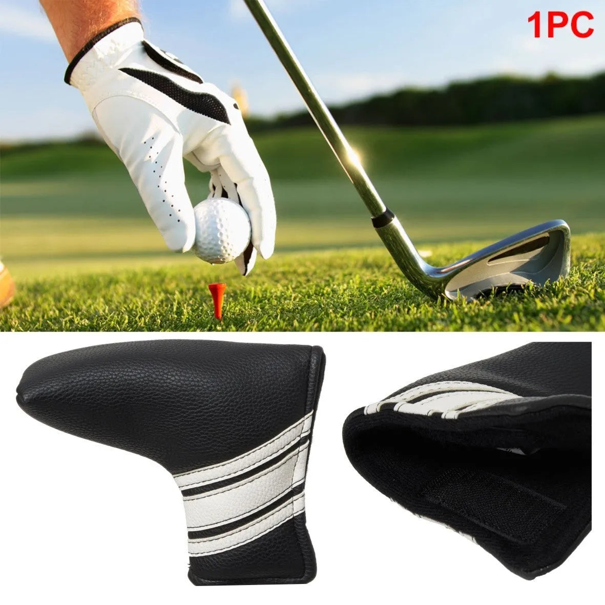 Black PU leather golf push rod sleeve and matching club head cover set for club protection