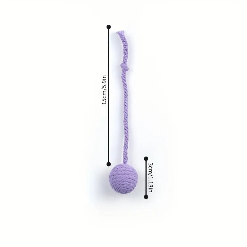Colourful cat toy ball with attached rope and built-in bell in green, pink, purple, and yellow
