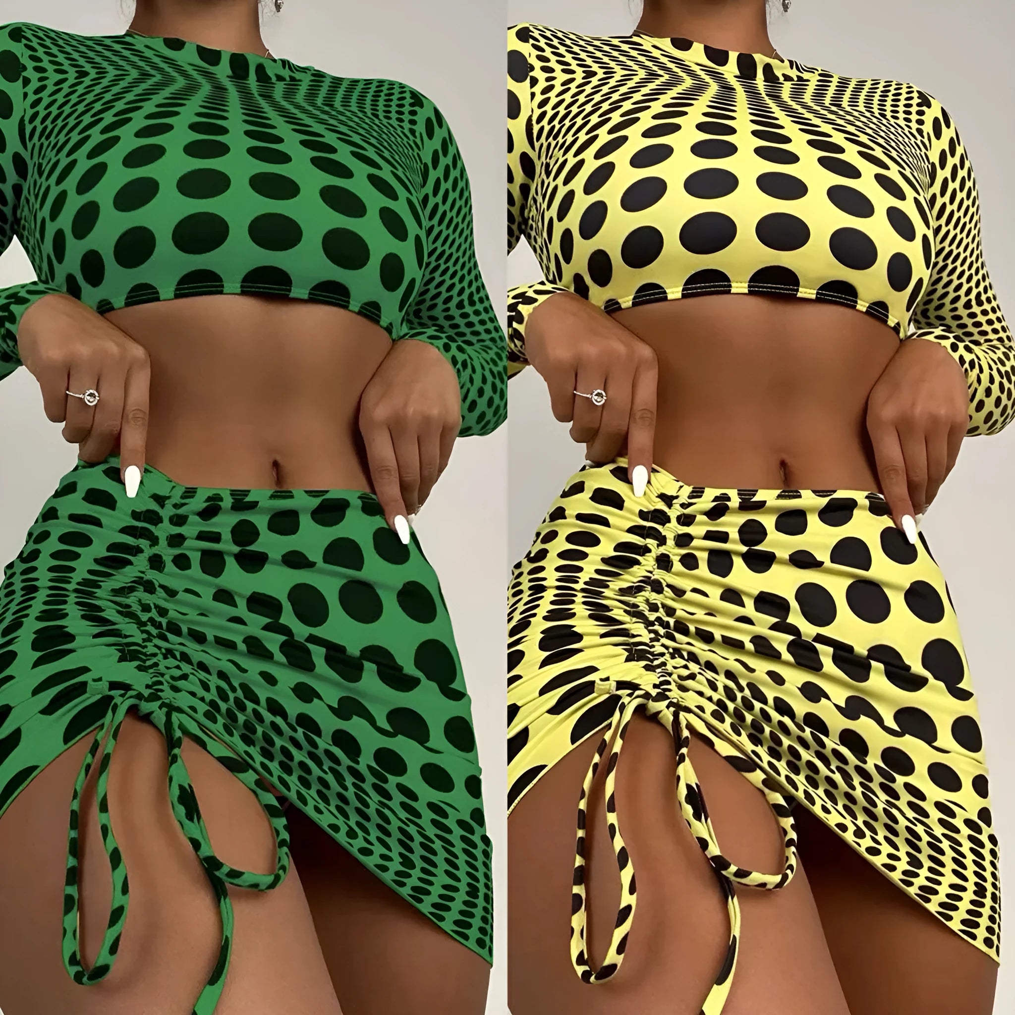 Women's green polka dot three-piece swimsuit set with top, skirt, and bra