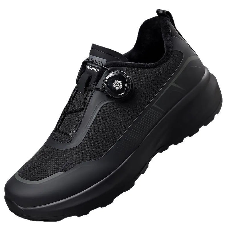 Thick bottom rotating button casual sneaker for men in black with cloth upper and platform sole