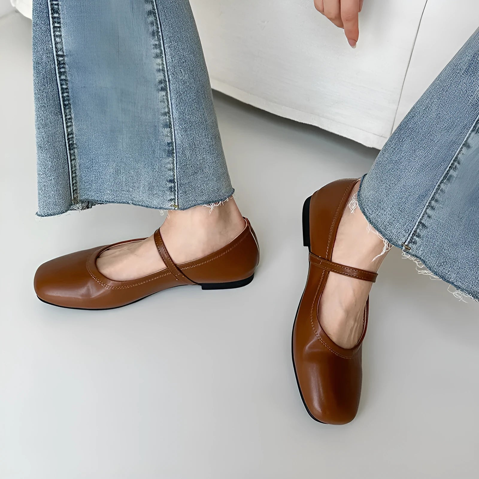 Women's Mary Jane flat pumps with sheepskin upper, low heel, round toe, in black, brown, white