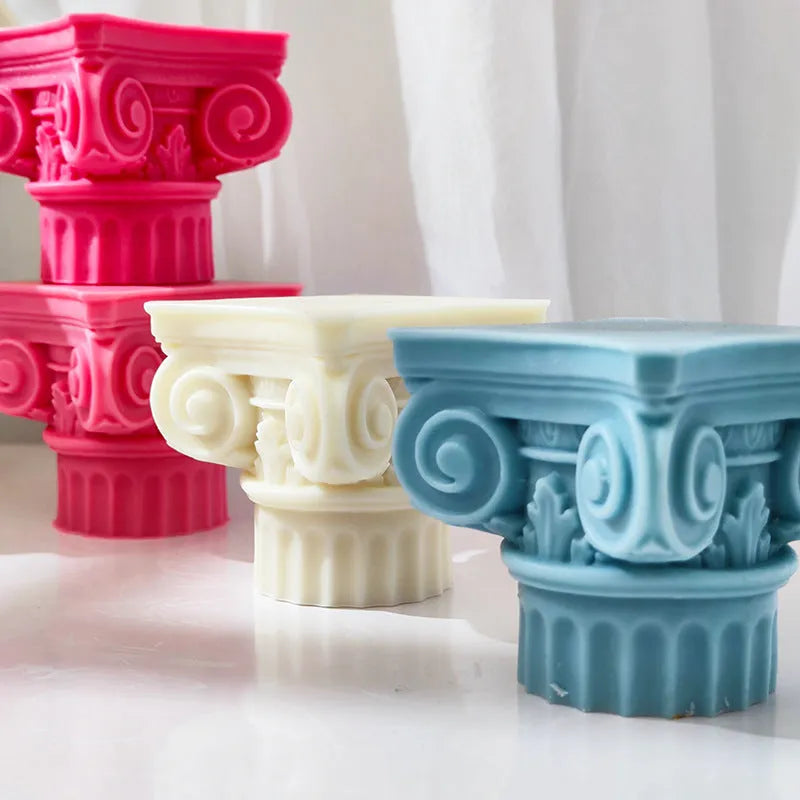 Silicone Roman pillar mould for making candles, chocolate, cakes, and plaster decorations.
