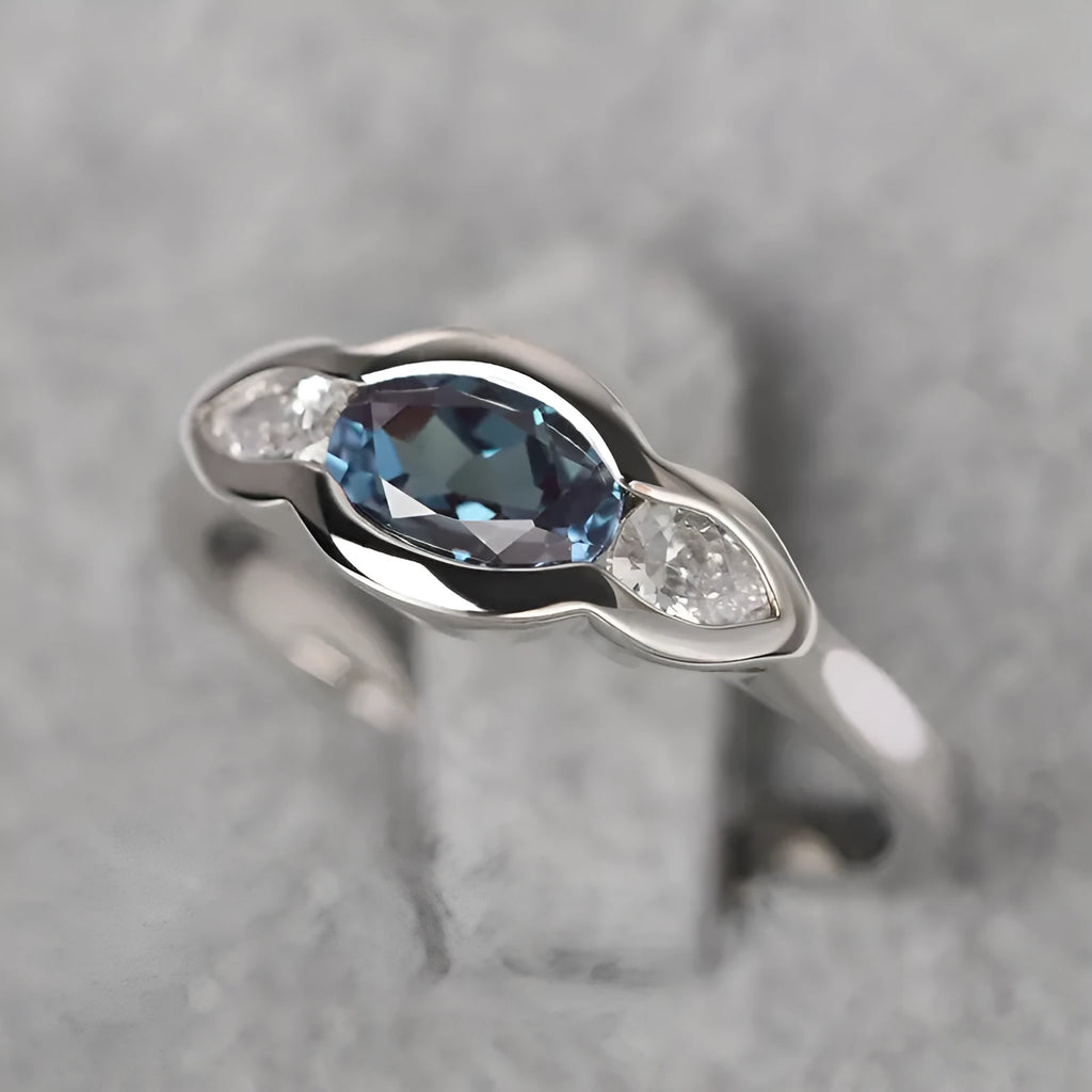 Women's geometric ellipse zircon ring with white gold plating on copper