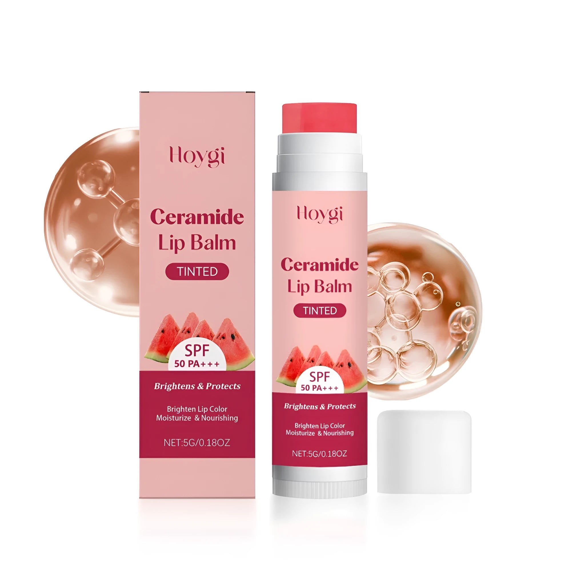 5g tube of brightening lip balm with kojic acid, nicotinamide, and vitamin E, white and green packaging