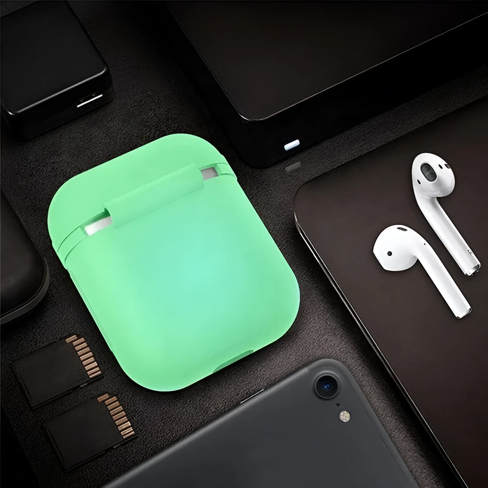 Luminous transparent silicone flip case for AirPods wireless earphones showing glow feature