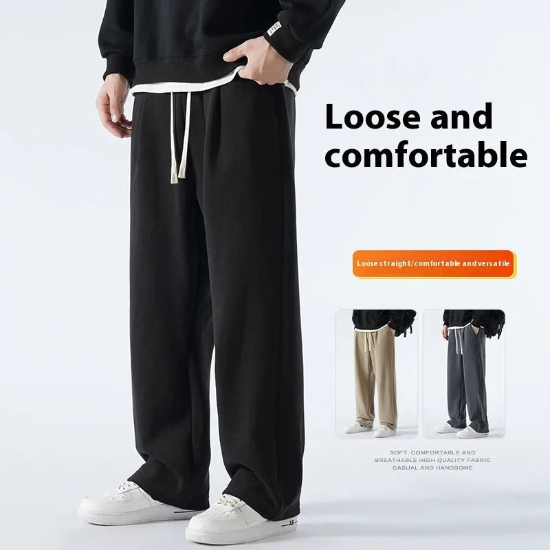 Men's apricot coloured double-sided polar fleece loose-fit sports trousers with a drawstring waist