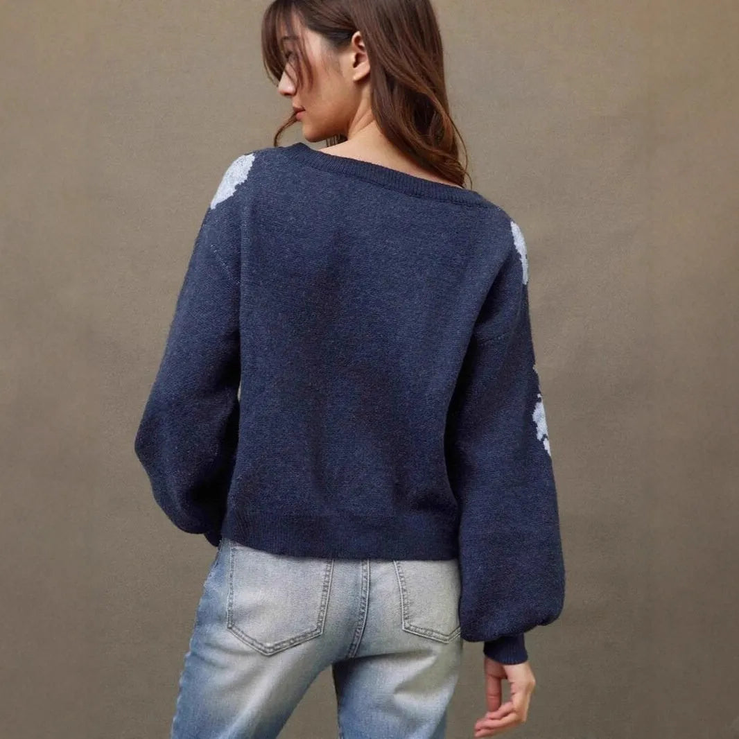 Sapphire blue women's pullover with woven floral jacquard pattern, loose casual fit.