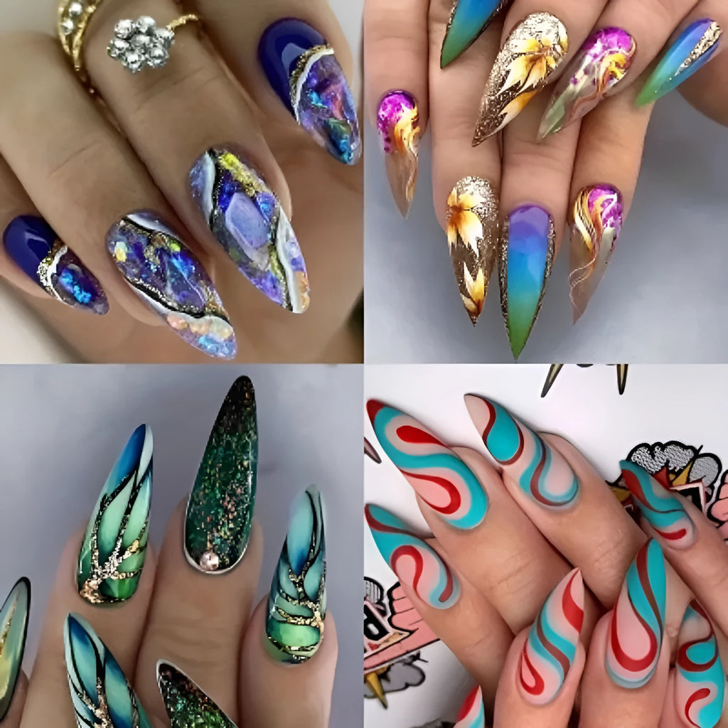 Almond-shaped rainbow plaid nail sticker in BKS1999 French colour ripple design on a white background