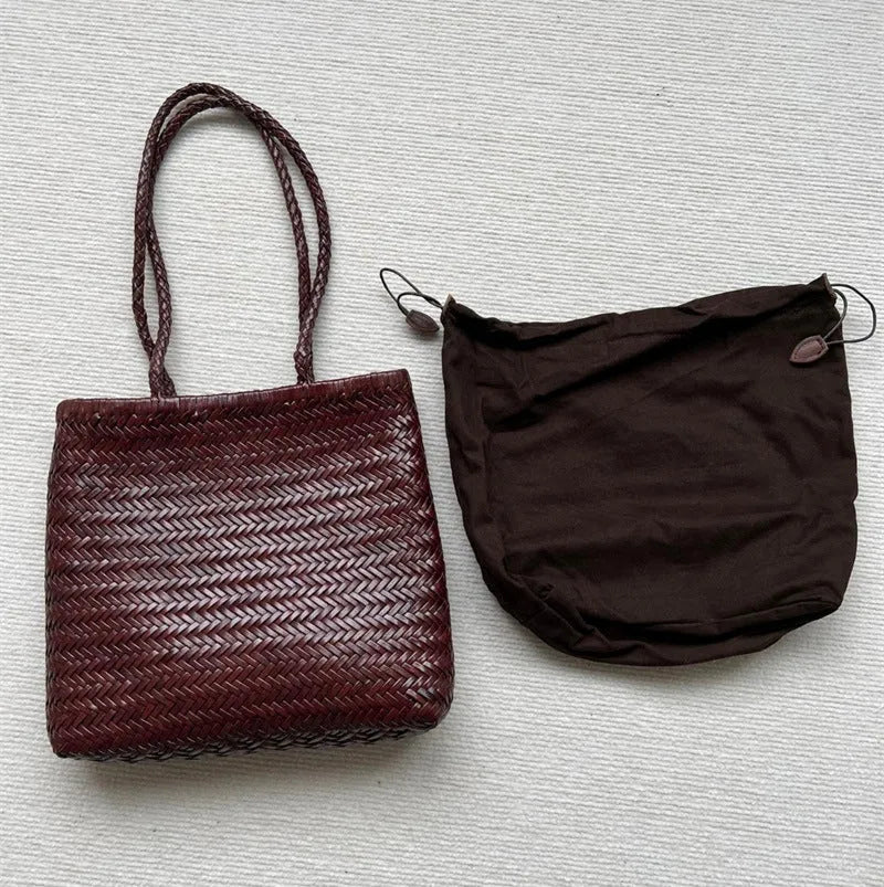 Handmade vintage woven leather shoulder bag in brown with three-dimensional pockets