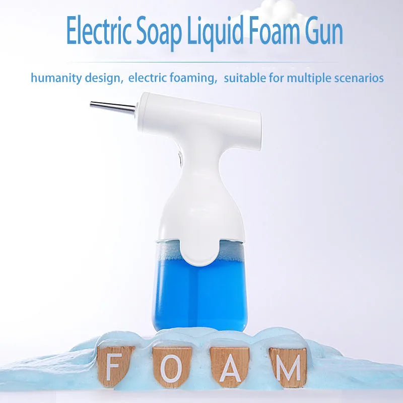 White electric foam dispenser gun with 350ML tank, ABS plastic body, and Type-C charging port on a bathroom countertop