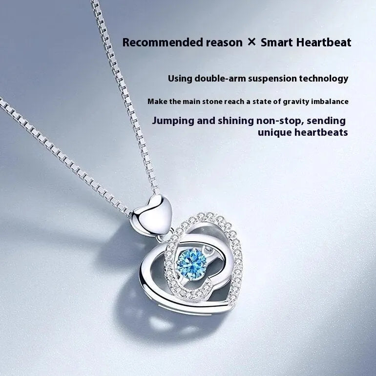 Blue diamond electroplated copper heart necklace and bracelet set with mixed gem inlaid pendant on adjustable 41-50cm chain