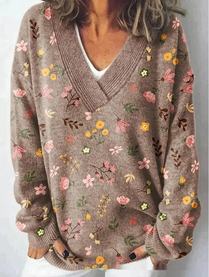Women's V-neck long sleeve sweatshirt with a 3D floral art retro pattern in various colours