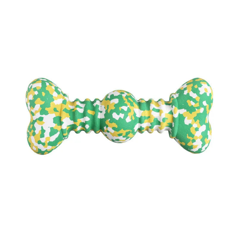 Natural rubber dog bone chew toy with camouflage pattern for medium and large breed dogs.