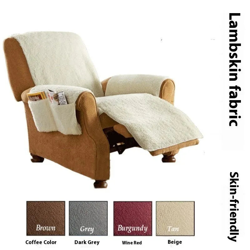 Polyester sofa cushion cover in lamb wool beige colour on a sofa.