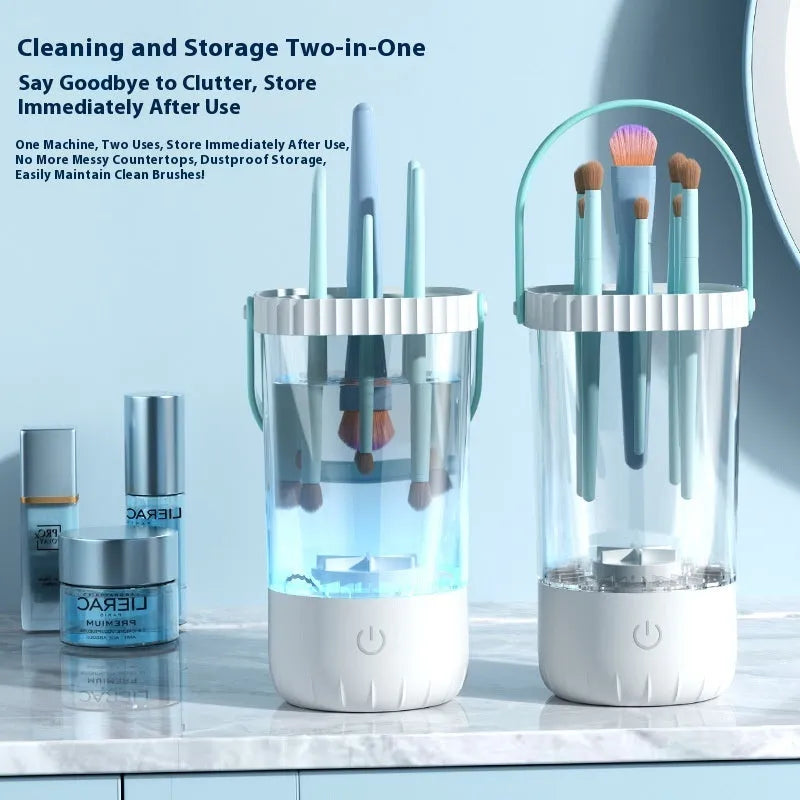 White plastic rechargeable electric makeup brush cleaner with USB charging cable