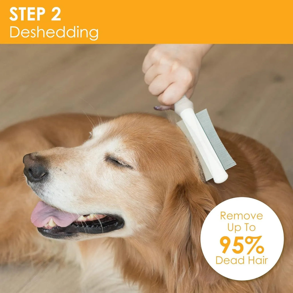 White double-sided pet grooming brush with comb and deshedding head on a curved ergonomic handle.