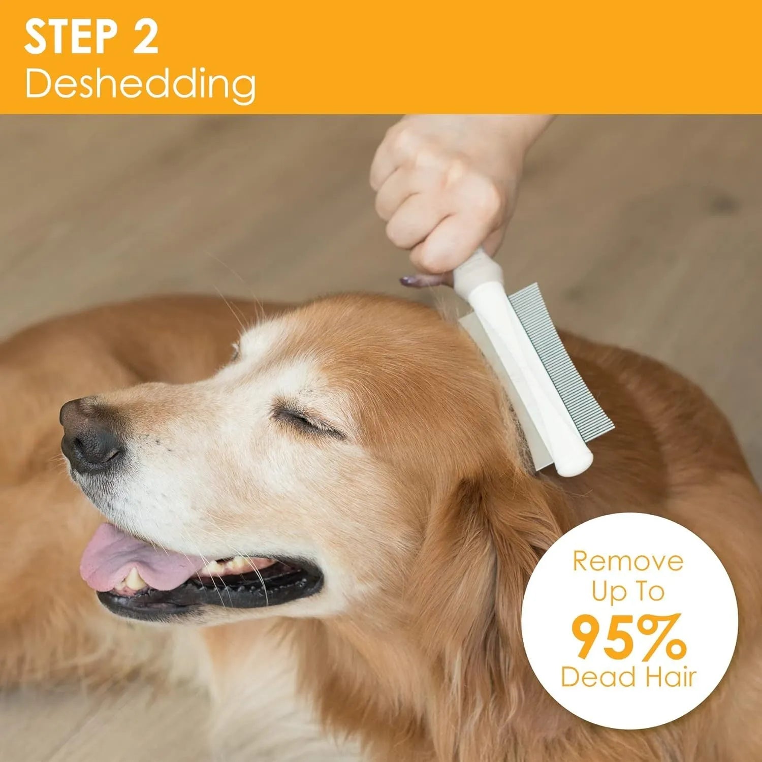 White double-sided pet grooming brush with comb and deshedding head on a curved ergonomic handle.