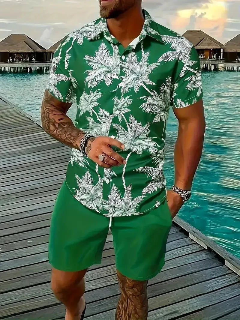 Man wearing a 3D printed Hawaiian pattern short sleeve shirt and matching shorts casual suit set.