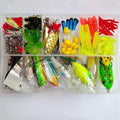 142-piece fishing lure suit showing hard minnow lures with sequins, fishing pliers, metal and plastic lures, and assorted fishhooks