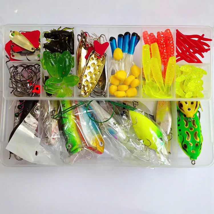 142-piece fishing lure suit showing hard minnow lures with sequins, fishing pliers, metal and plastic lures, and assorted fishhooks