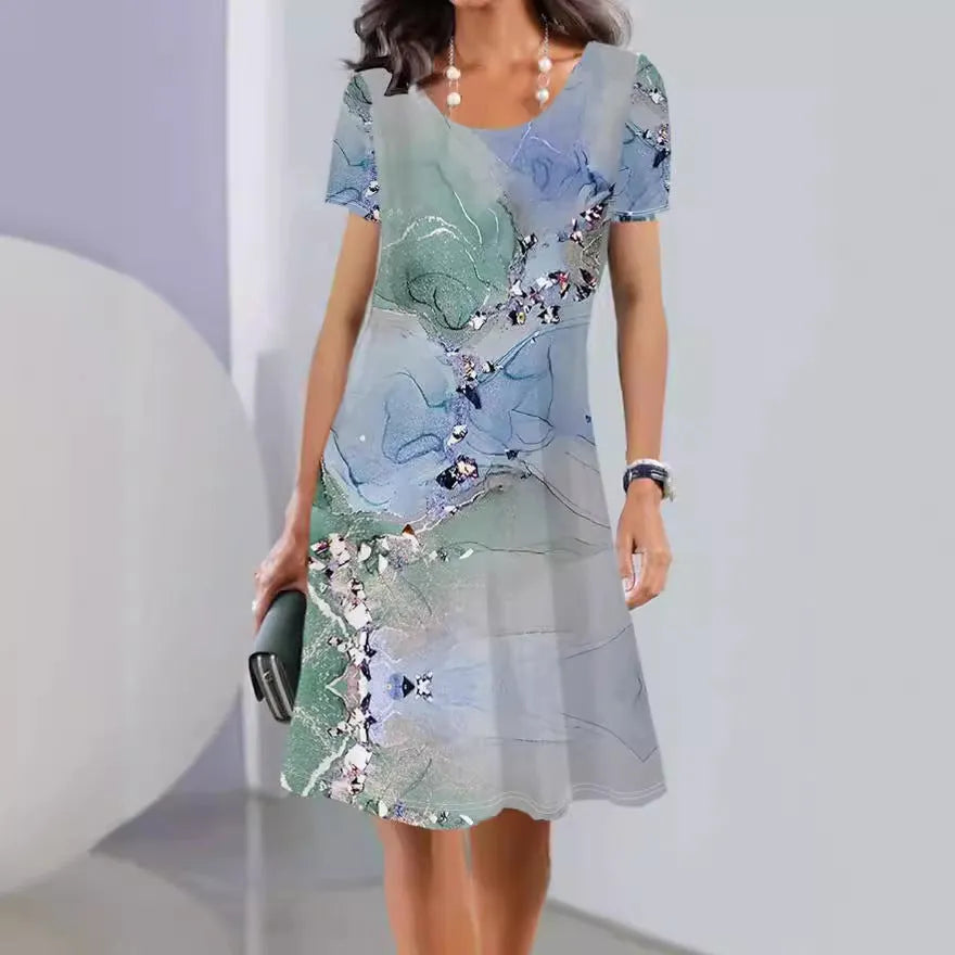 Ice silk floral print midi dress with A-line skirt and short sleeves on a hanger