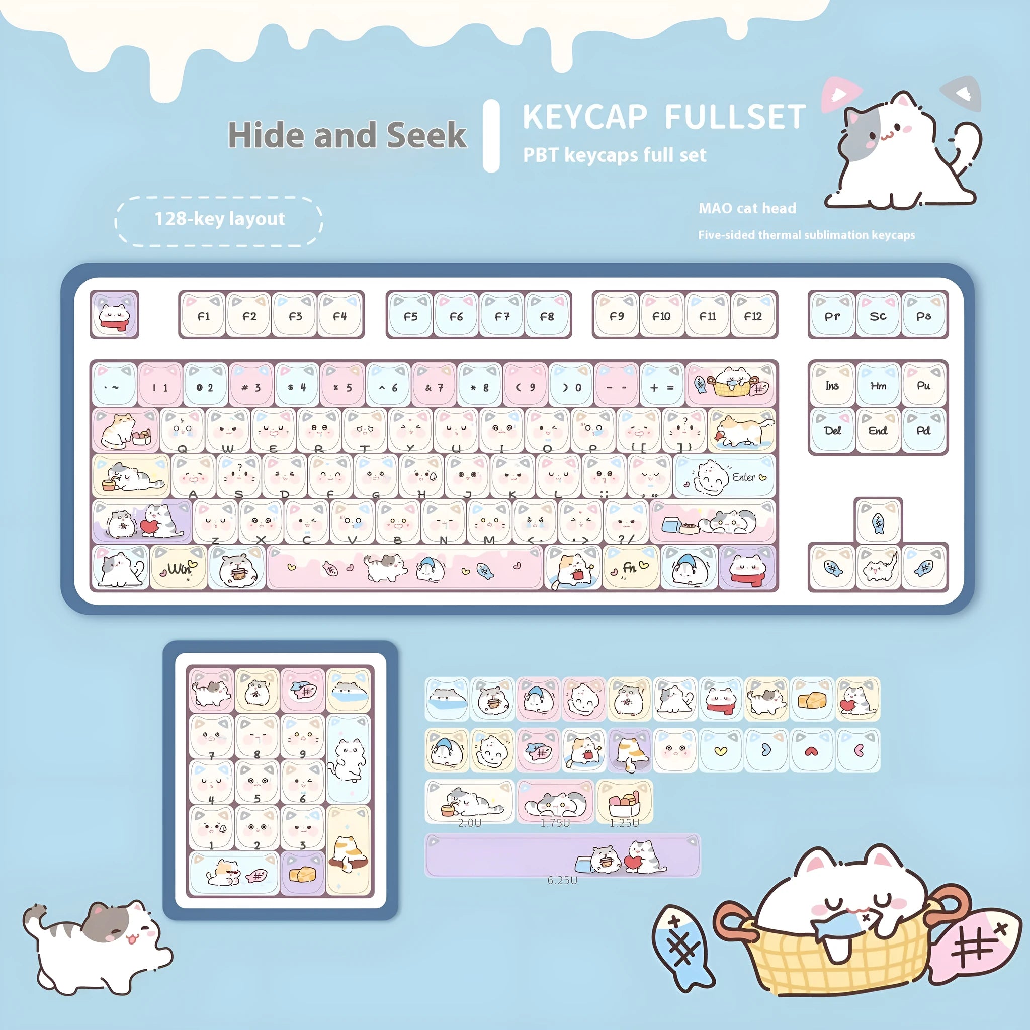 Cat MAO five-sided sublimation PBT custom mechanical keyboard keycaps set in Peekaboo MAO colour