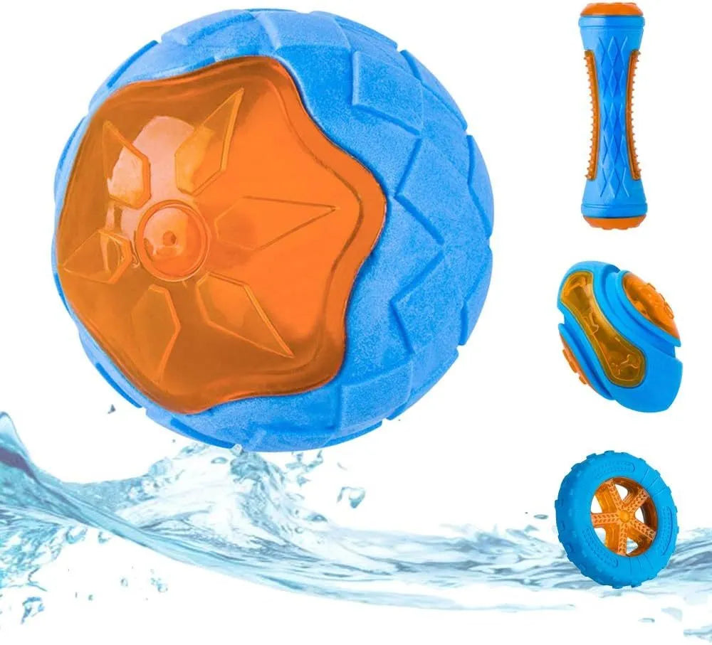 Set of three floating squeaky dog toys: a red ball, a blue barbell, and an orange tyre.