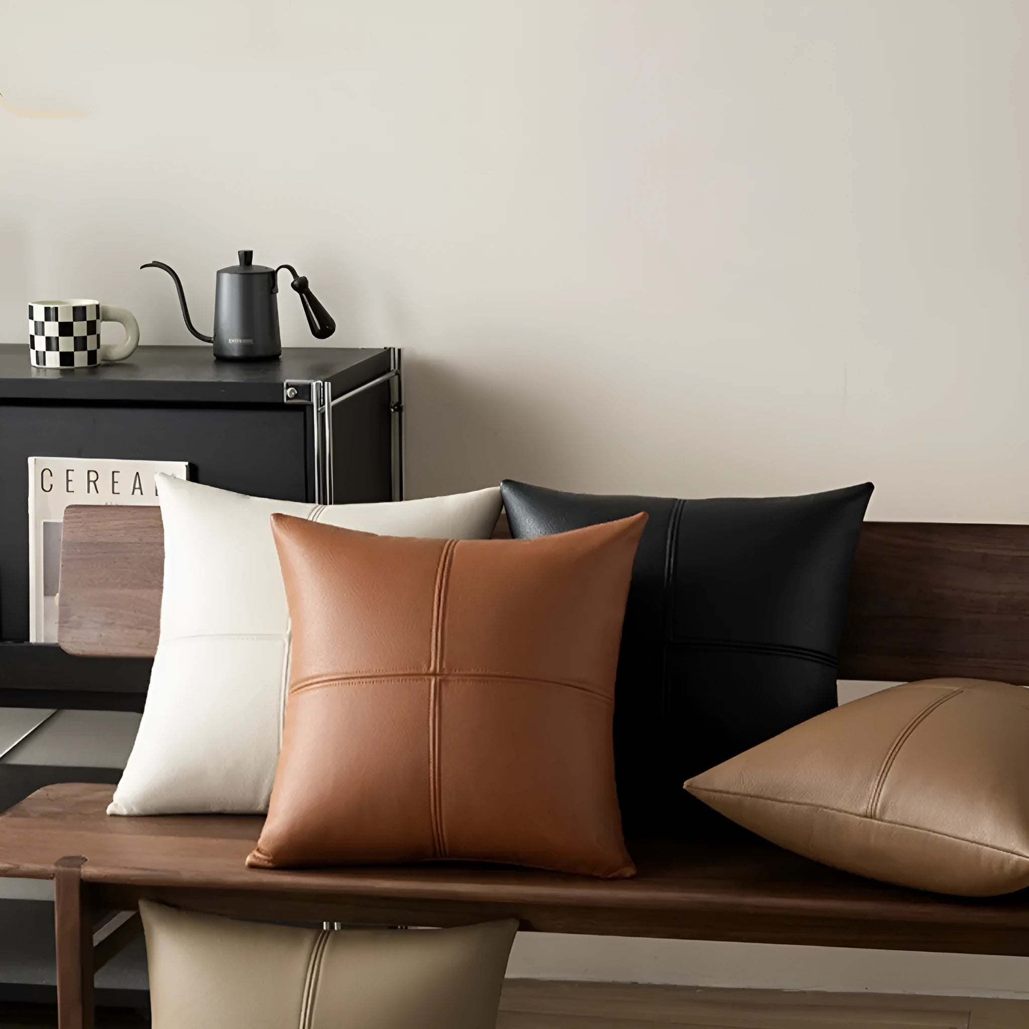 Solid colour soft cowhide leather pillow cover in Nordic style on a grey sofa