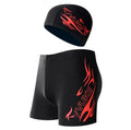 Men's plus size blue fire pattern boxer swimming trunks on a black background.
