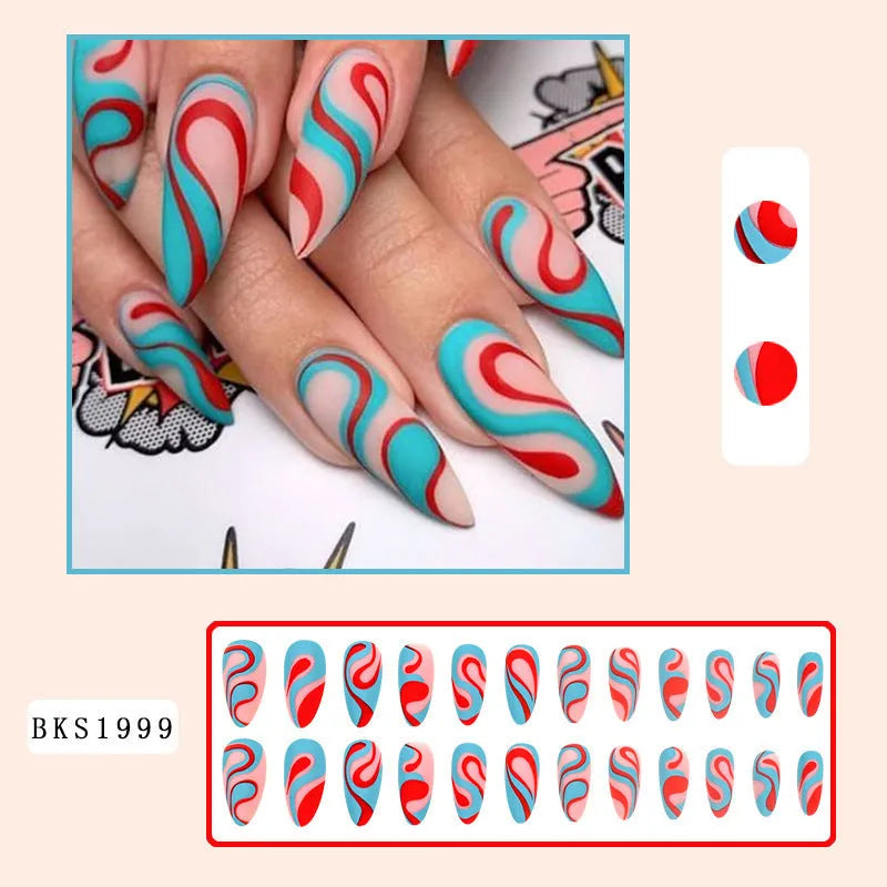 Almond-shaped rainbow plaid nail sticker in BKS1999 French colour ripple design on a white background