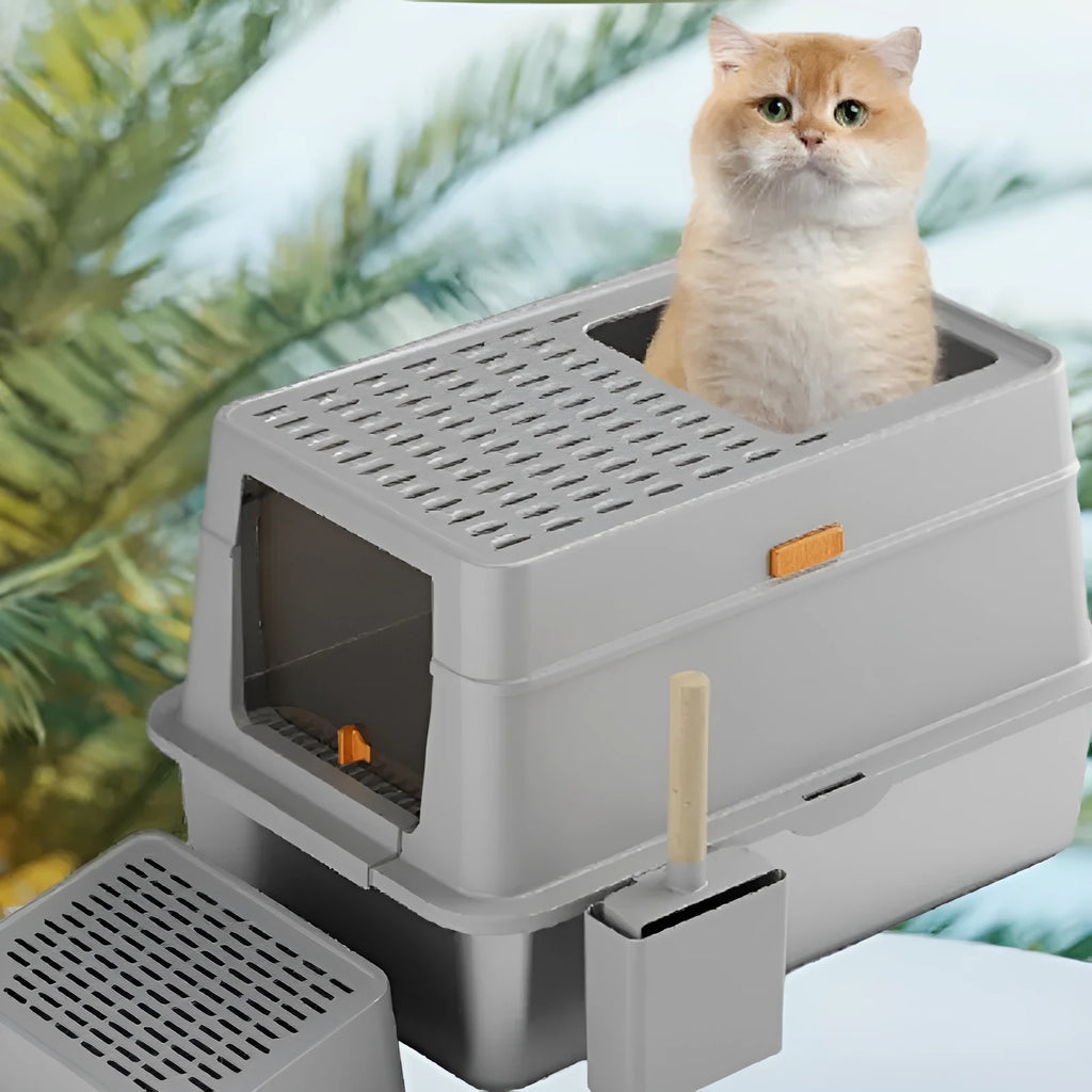 Grey fully enclosed cat toilet with pedal and stainless steel dustbin, large size for indoor cats