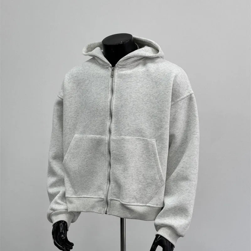Men's back schoolbag design coat in light gray with hood and floral print, front view