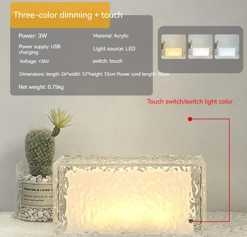 Clear acrylic geometric ice cube shaped night lamp with colour-changing LED lights.