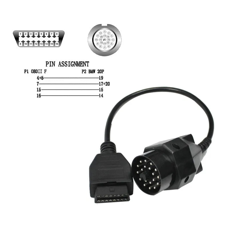 BMW OBD2 diagnostic connector cable converting 20-pin to 16-pin interface for vehicle diagnostics