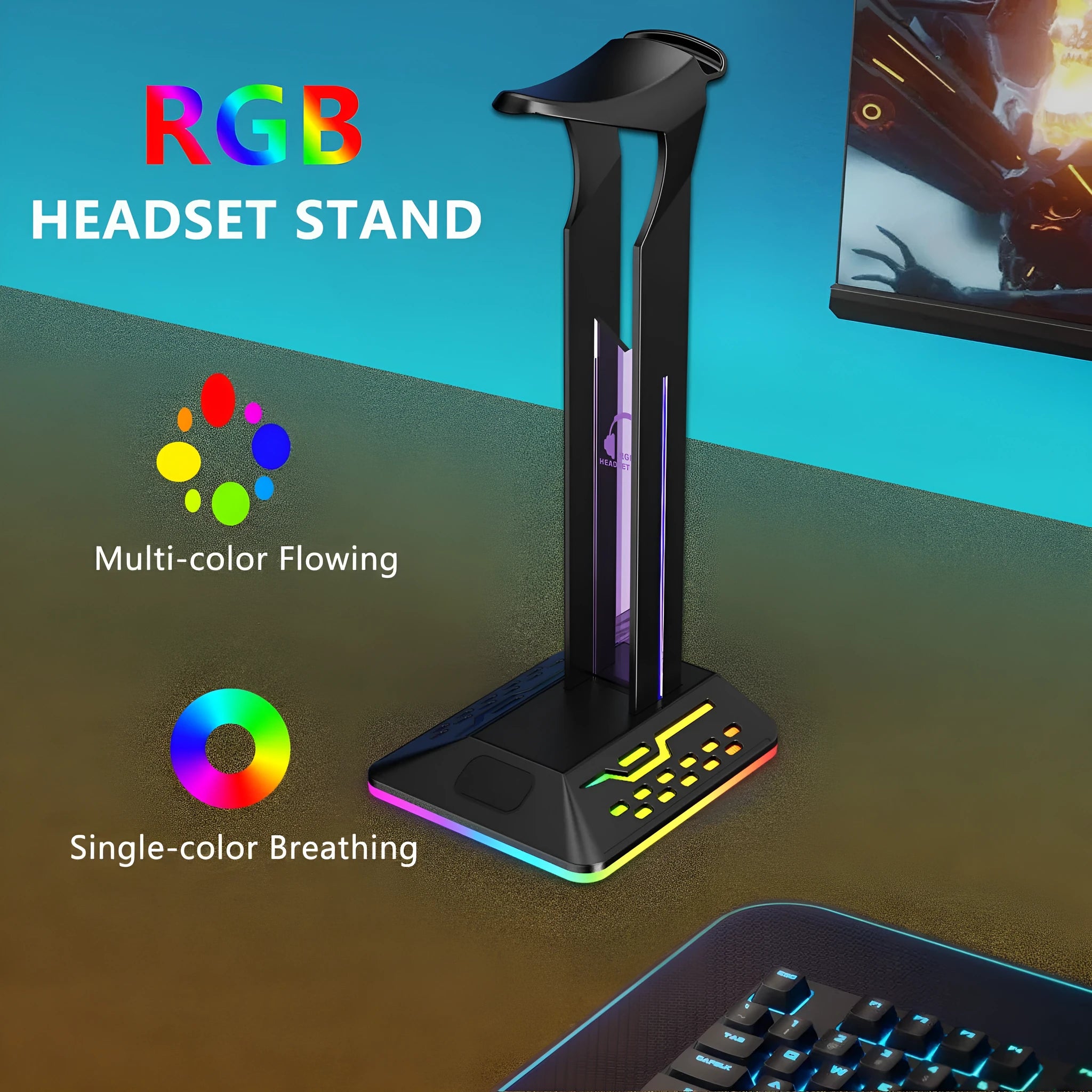 RGB colour changing headphone stand with dual USB ports on a desk next to a gaming headset.