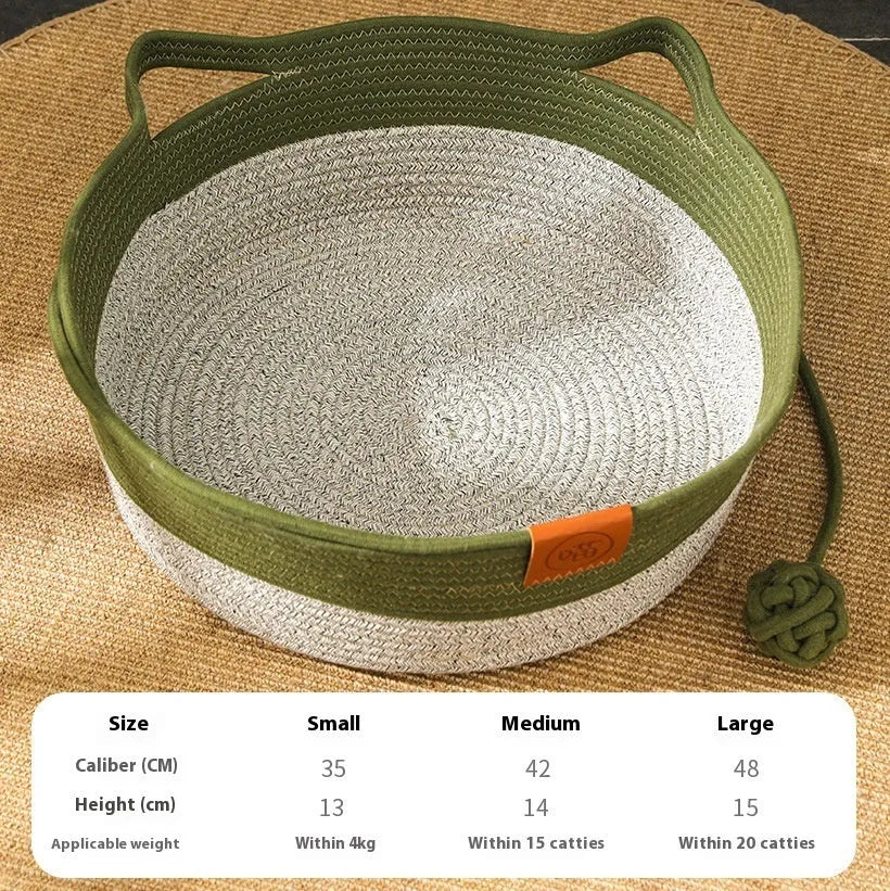Woven cat nest mat in brown with cotton string stitching texture on a pet bed