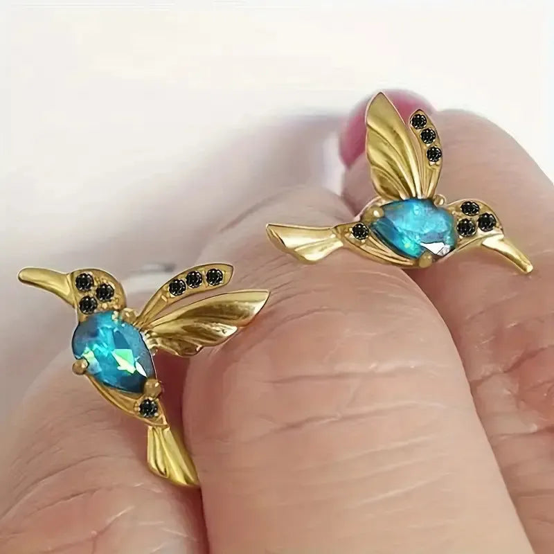 Women's bird hanging personalised alloy earrings with mixed zirconium wings in blue, red, and red lvzuan colour options