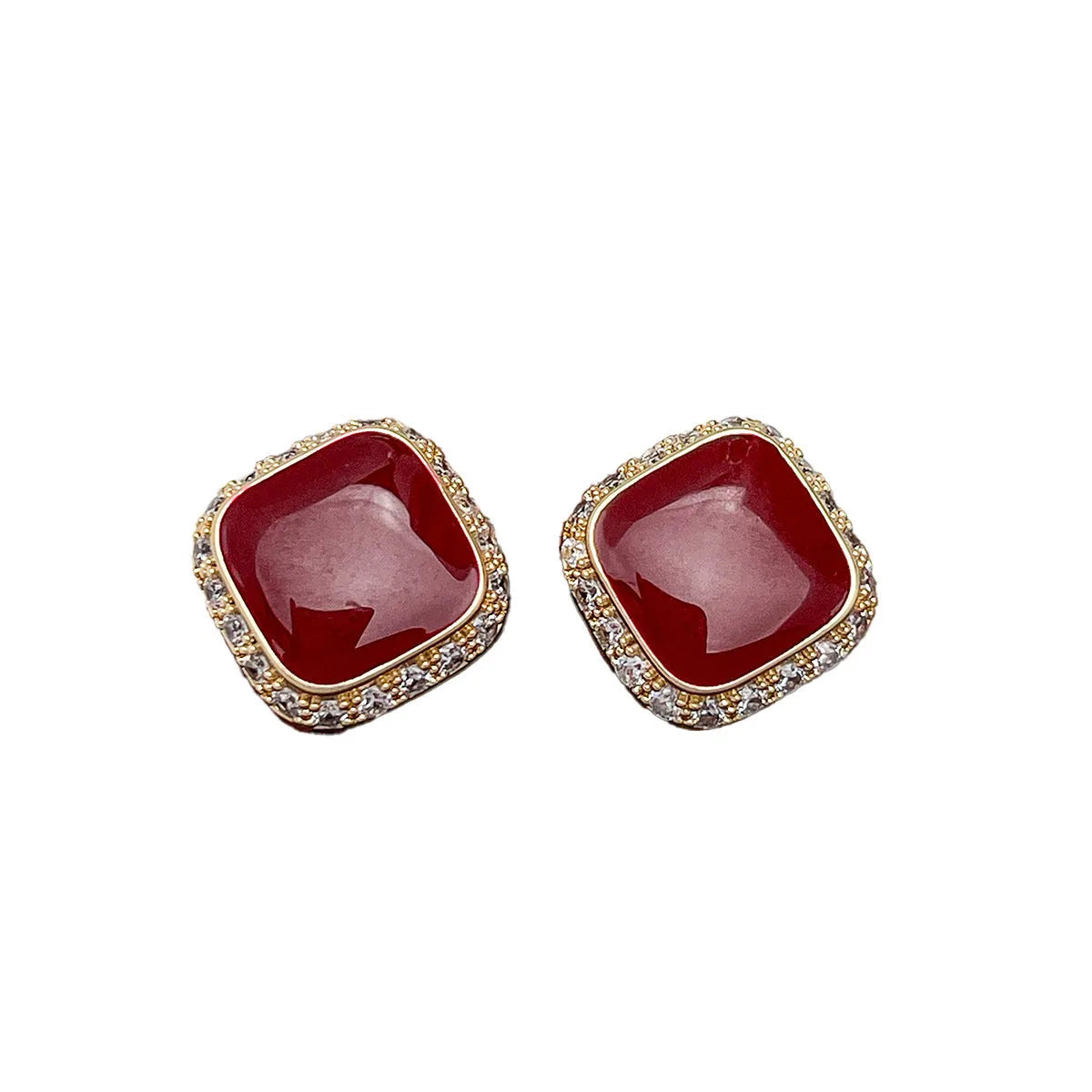 Red geometric square earrings with inlaid design, alloy construction with seiko treatment