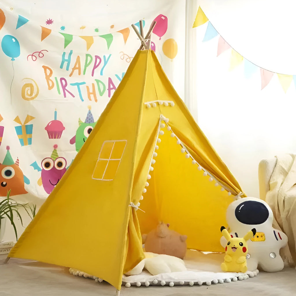 Children's indoor wooden frame play tent in princess pink fur ball style, 1.6m size, with open front