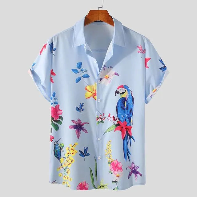 Men's blue short sleeve Hawaiian shirt with pointed collar on beach