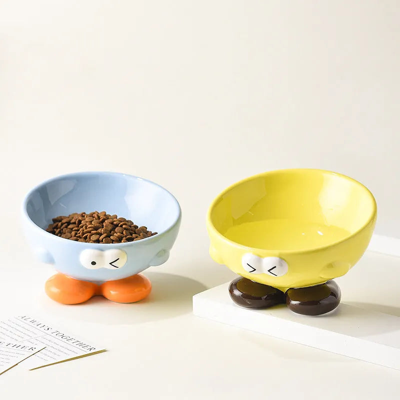 Oblique ceramic cat food bowl with cute expression print in blue for cervical spine protection